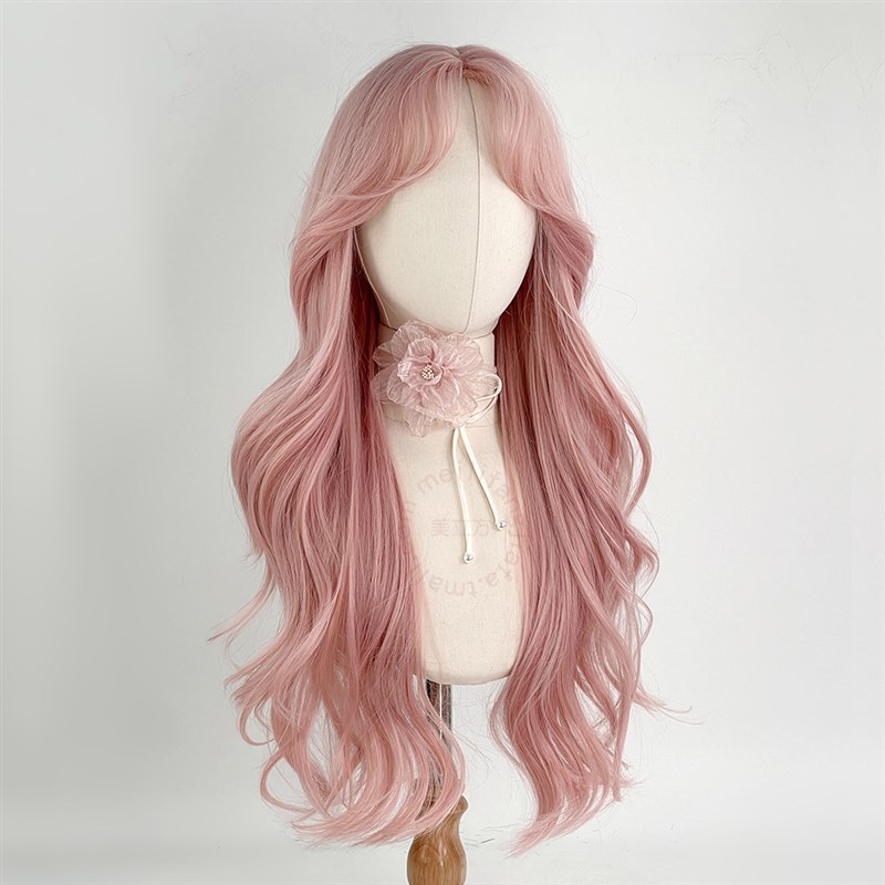 粉色假发全头套女cos万用长卷发中分几字刘海大波浪韩式lolita毛