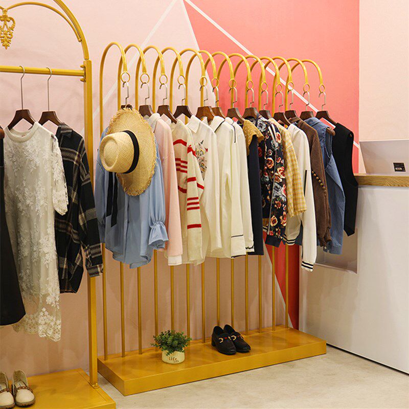 金色服装店中岛架衣架展示架落地式个性女装店陈列货架挂衣服架子