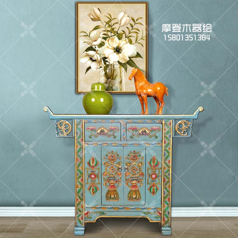 彩绘仿古玄关柜藏式供桌餐边柜翘头柜门厅柜入户柜中式实木家具