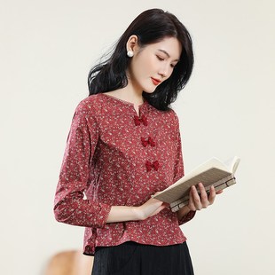 布符秋新款时尚休闲气质文艺百搭印洋气花中式长袖衬衫女