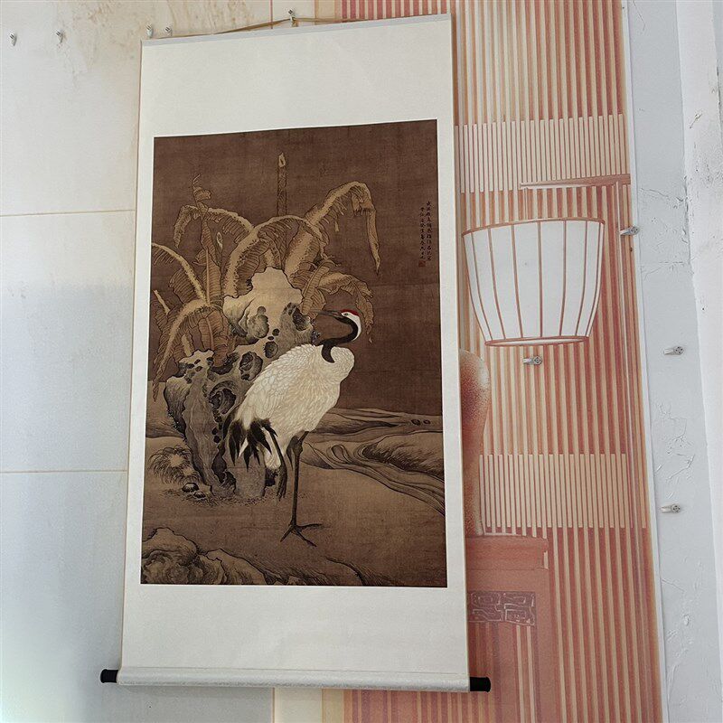 明吕纪蕉岩鹤立图国画仙鹤祝寿装饰微喷复制临摹画心院体工笔画稿