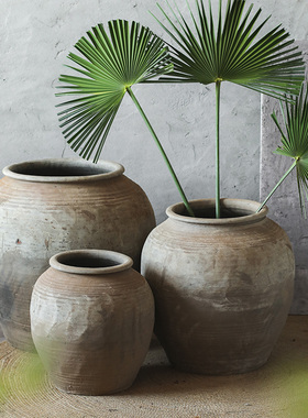 大型圆肚黄色陶罐民宿庭院花园装饰陶瓷粗陶落地大花瓶侘寂风翁瓶