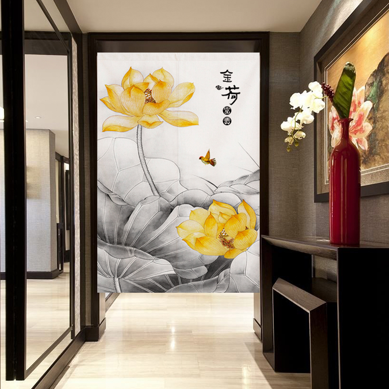 中式布艺门帘卧室隔断帘厨房防油烟半帘短帘厕所卫生间免打孔挂布