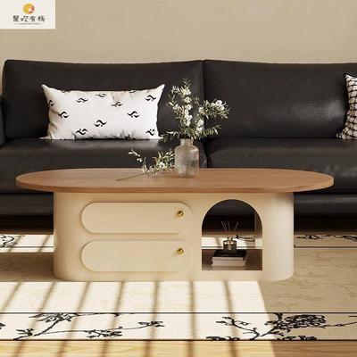 原木风实木茶几法式客厅家用现代简约圆形茶几桌轻奢椭圆形高级感