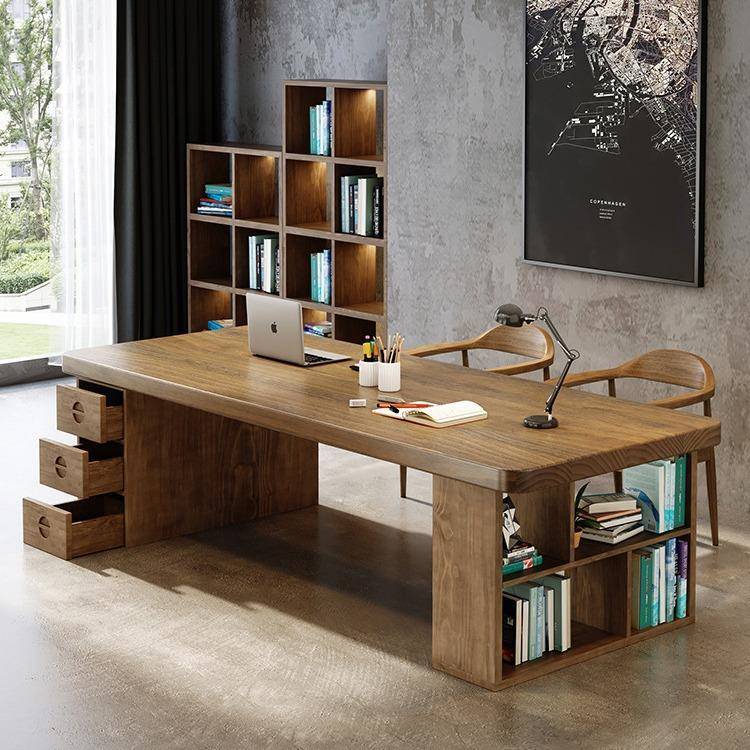 北欧客厅实木大书桌书柜一体学习桌带抽屉家用长条桌办公桌写字桌