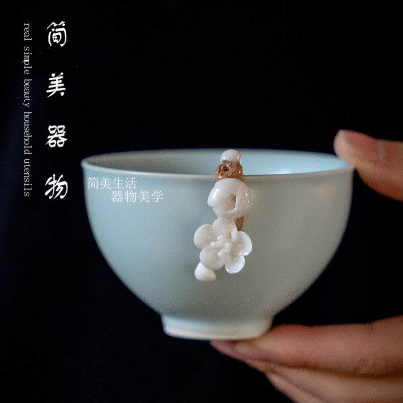 简美手工汝窑茶杯主人杯单杯陶瓷品茗杯茶盏梅花杯天青汝瓷开片