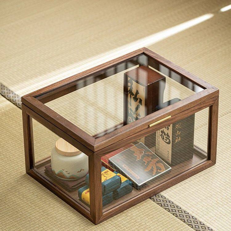 NRB北美黑胡桃木桌面茶几收纳盒透明茶具收纳柜实木置物架文玩展