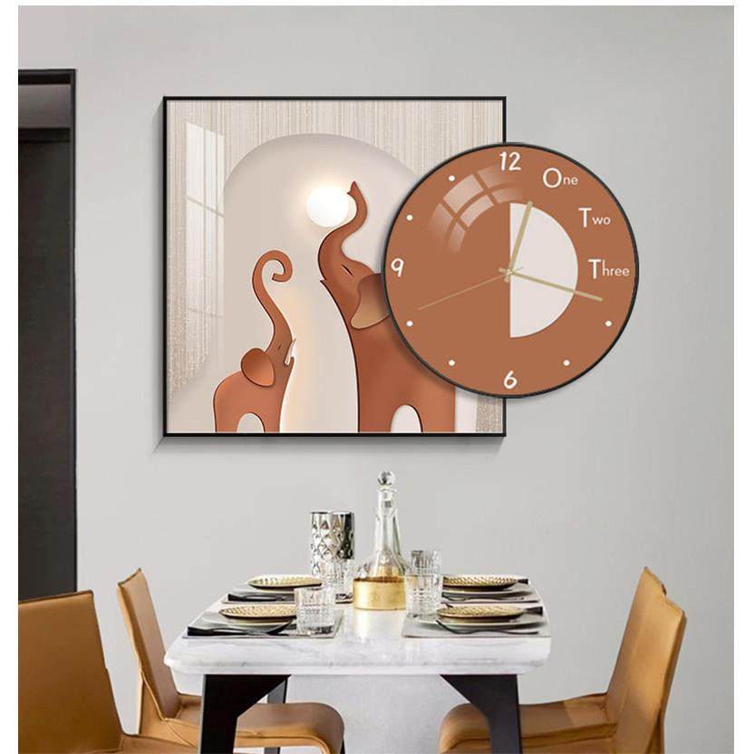 轻奢大象餐厅装饰画现代简约客厅饭厅壁画高级感创意时钟组合挂画