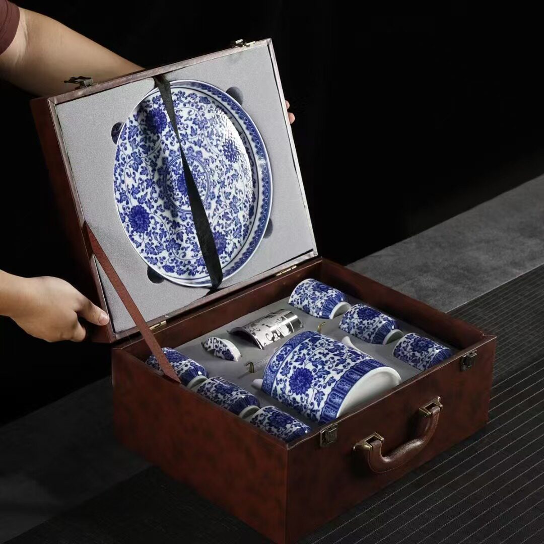 仿古青花缠枝莲茶壶套装带茶盘提梁壶大号陶瓷杯家用送礼茶具套组
