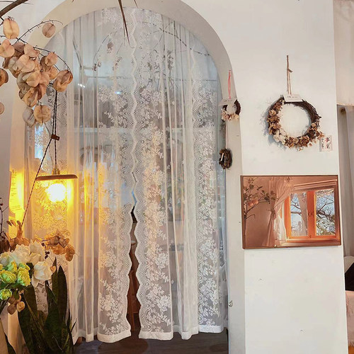 韩式白色蕾丝波浪边纱帘田园美式半帘门帘隔断免打孔安装网红款