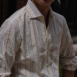 269 衬衫 CM那不勒斯皇后多色条纹全棉泡泡纱一片领意式 休闲男士