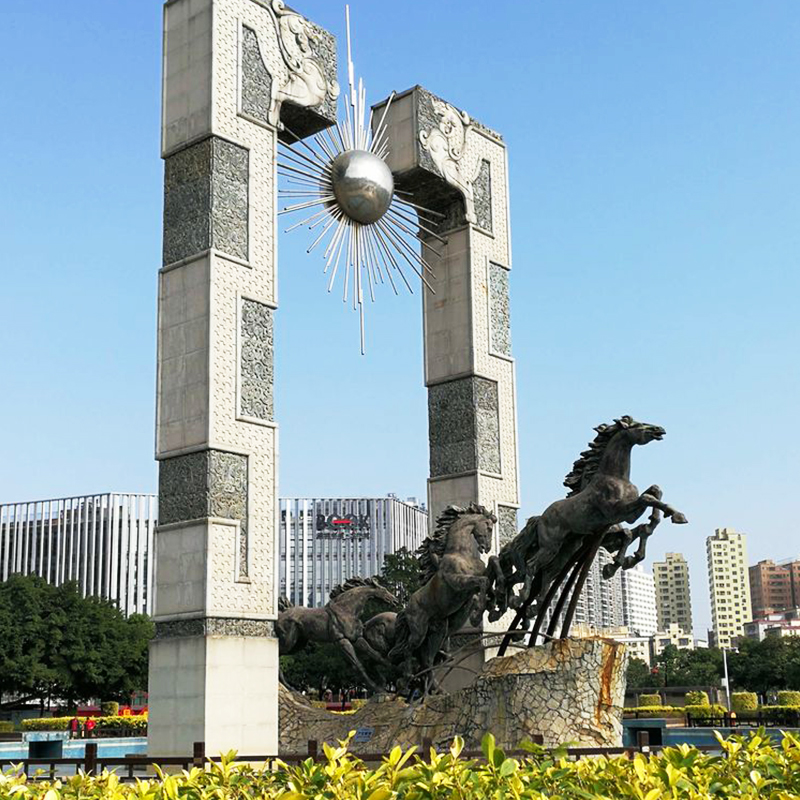 大型景观广场标志性建筑雕塑石拱门龙马精神群雕动物不锈钢摆件