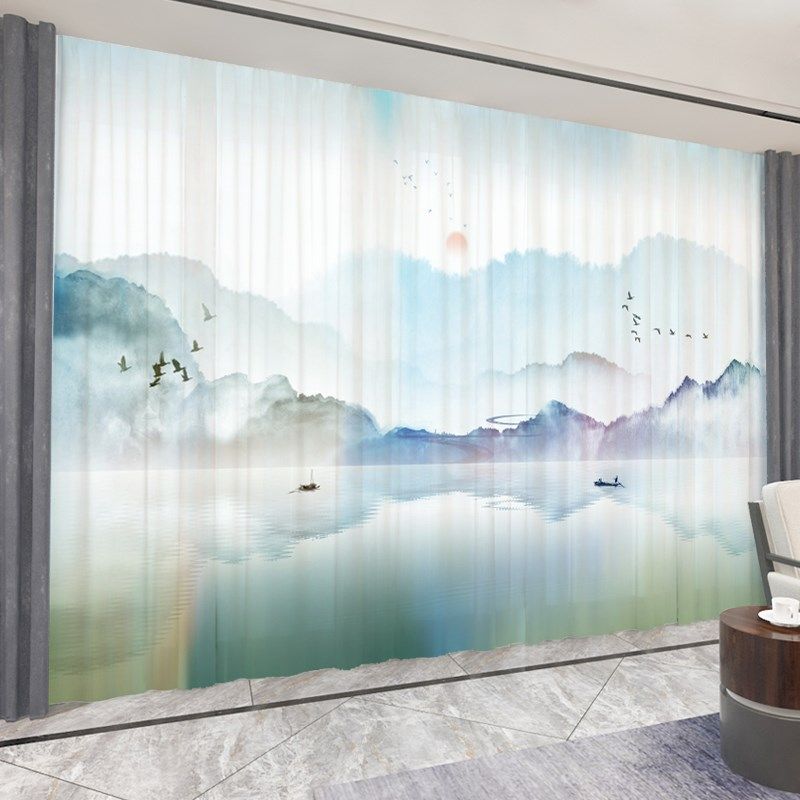 水墨山水画纱帘透光不透人风景荷花禅意布帘客厅办公室新中式窗帘