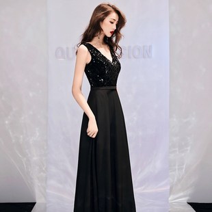 晚礼服裙女2024新款简单大方宴会高贵优雅黑色长款亮片连衣裙高端