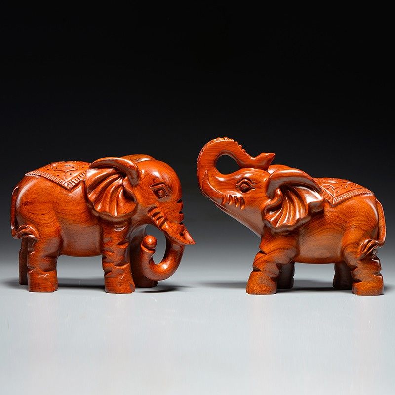 花梨木雕大象摆件实木一对家居电视柜玄关装饰工艺品开业乔迁送礼
