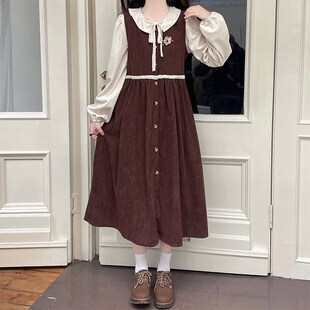 初中女生娃娃领长袖衬衣背心裙套装高中学生秋冬甜美灯芯绒连衣裙