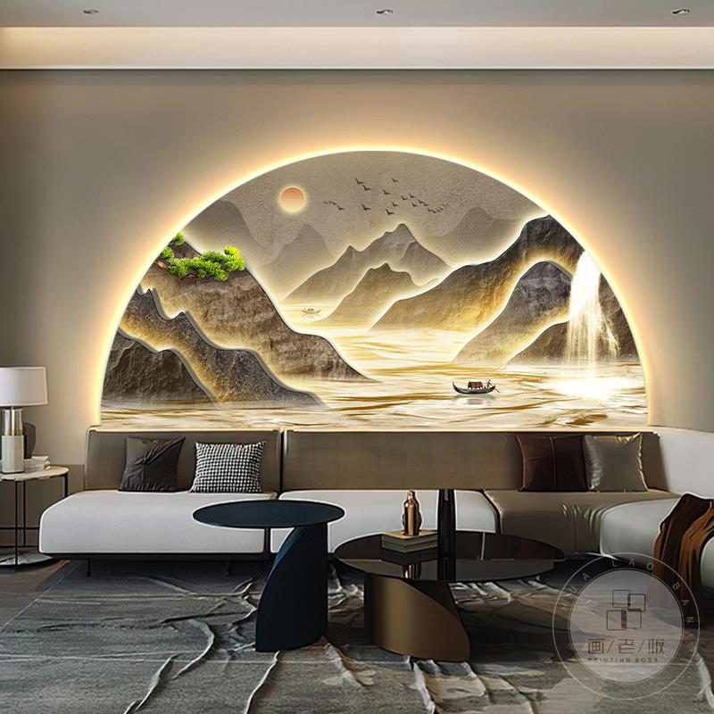 背有靠山客厅装饰画半圆形流水生财山水画沙发背景墙挂画大气壁画