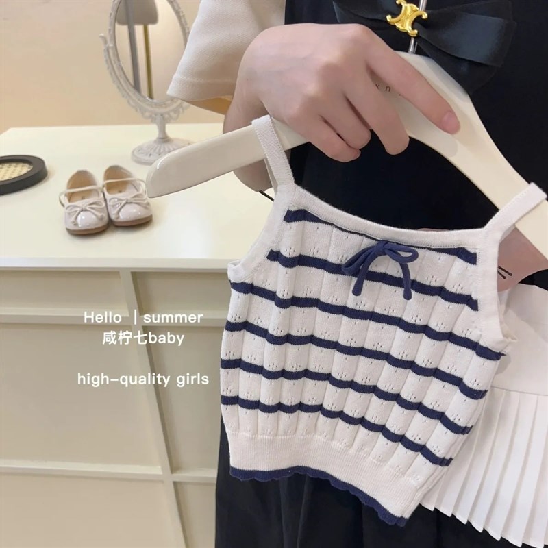 女童夏季学院风套装2023新款儿童吊带背心上衣百褶裙宝宝两件套潮