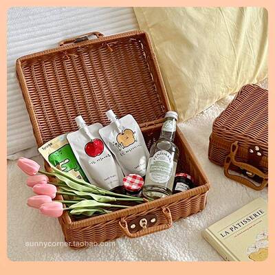 营▹i编ns复古藤手提箱家整理箱收用BC05137纳箱户外露编织野餐篮