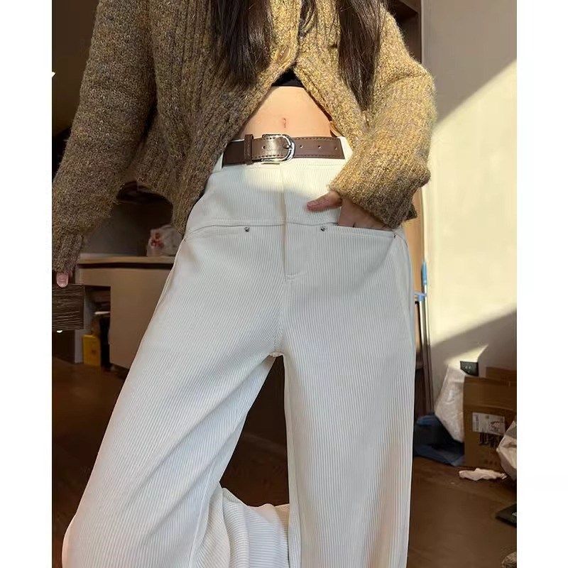 白色加绒雪尼尔阔腿裤女小个子150秋冬高腰垂感八分直筒西装裤子9