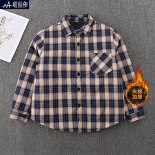 胖男童格子衬衫夹棉加厚秋冬加棉衬衣中大童男孩宽松加肥薄棉外套
