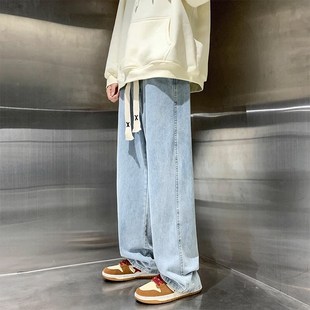 美式阔腿系绳牛仔裤男2023夏季薄款宽松休闲长裤男生直筒裤子男款