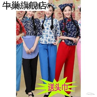 陕北民歌演出服装女秧歌舞蹈服装采茶村姑演腰鼓斗笠红演出舞蹈服