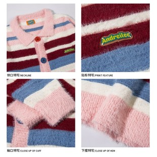 悟空有货复古粉色条纹开衫POLO衫毛衣男女学院风宽松情侣针织外套