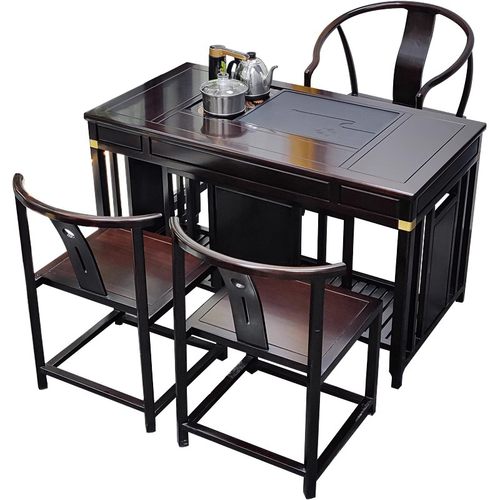 新中式花梨木沙比利书桌两用茶桌椅组木乌金石茶台多功能花梨家具