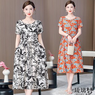 洋气质收腰a字裙碎花长裙子 夏季 妈妈夏装 棉绸连衣裙女士2024新款