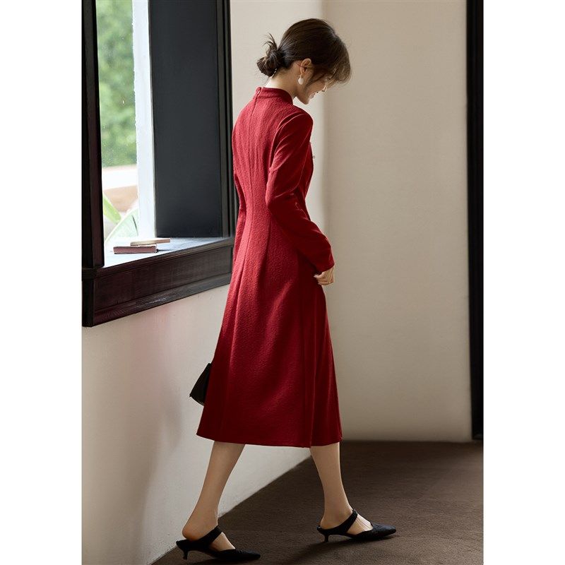 XWI欣未新中式国风红色连衣裙女秋季喜婆喜妈礼服日常可穿旗袍裙