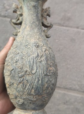 仿古出土纯铜观音菩萨花瓶宝瓶松子观音铜摆件家居装饰