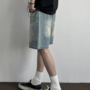 做旧基础百搭宽松硬挺休闲五分裤 美式 复古水洗直筒牛仔短裤 ONUN