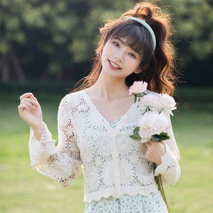 薄款 短款 女钩花镂空开衫 长袖 V领上衣洋气吊带外搭 外套春季 针织衫