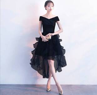 一字肩礼服裙女法式宴会气质伴娘服小个子短款连衣裙主持平时可穿