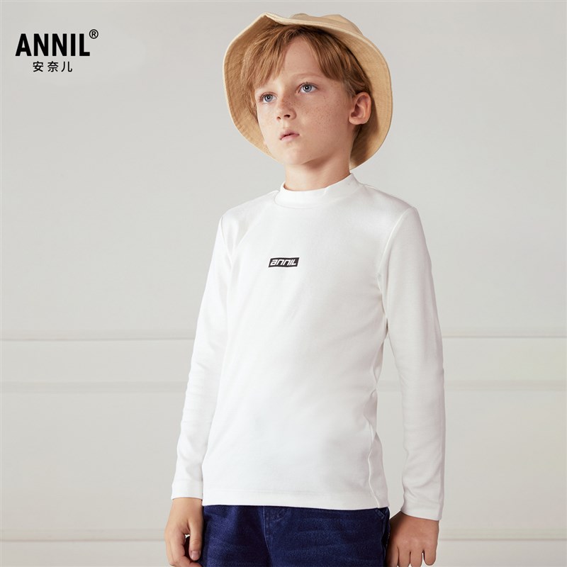 安奈儿童装男童中领长袖针织打底衫2024秋冬学生棉黑白灰色保暖衣