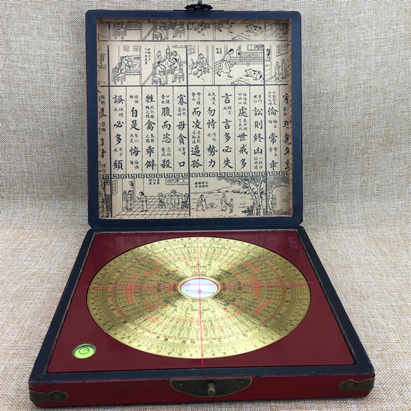 木盒8寸三元三合综合玄空飞星金锁玉关专业罗盘经仪纯铜桌面摆件