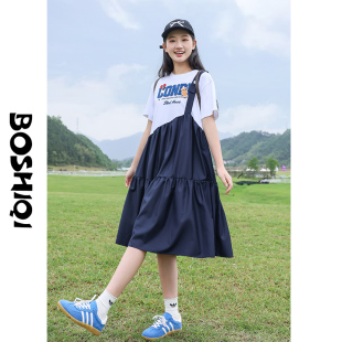 初中生连衣裙少女孩新款2024夏季高中生中长裙子大童短袖学生时尚