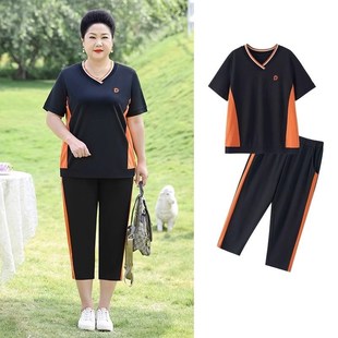 休闲时尚 套装 宽松显瘦袖 大码 两件 七分裤 新款 薄款 纯棉妈妈装 女夏季