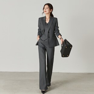 套装 秋冬厚款 外套高级感西服马甲阔腿裤 西装 女 深灰色通勤职业修身