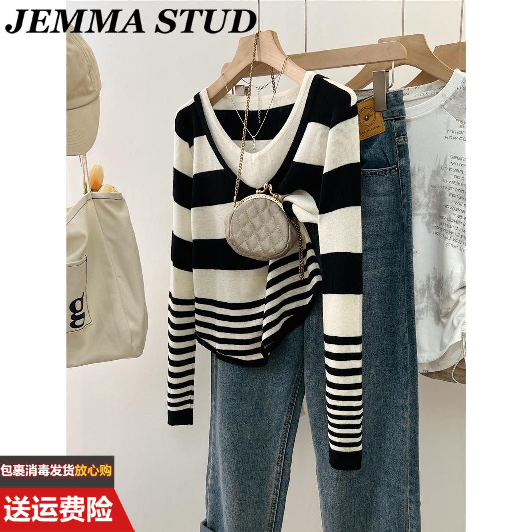 欧货V领黑白撞色条纹假两件2025秋冬新款女内搭打底小衫针织上衣 - 实物图