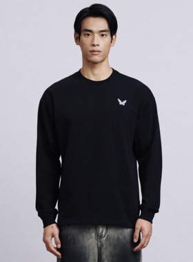 LEDP蝴蝶效应美式简约25年秋冬男士刺绣纯棉重磅运动保暖长袖T恤