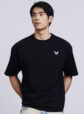 LEDP蝴蝶效应美式简约男士刺绣纯棉重磅运动圆领宽松大码短袖T恤