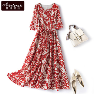 新胖妹妹mm气质雪纺碎花长裙 连衣裙显瘦2024夏款 大码 红色复古法式