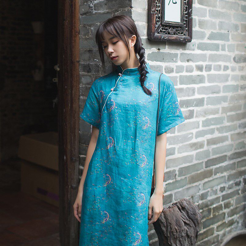 民族风文艺复古小碎花连衣裙夏季纯苎麻连衣裙棉麻茶服轻中式女装