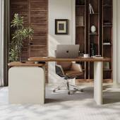 桃木色书桌轻胡办奢高级感极书房转角电脑简公桌复古726奶油风写