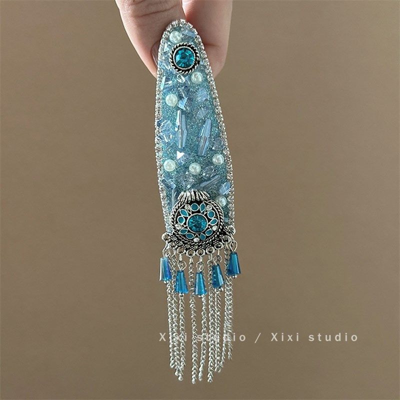 海岛来信!蓝色闪钻流苏发夹!高级感碎发夹新中式边夹盘发器头饰