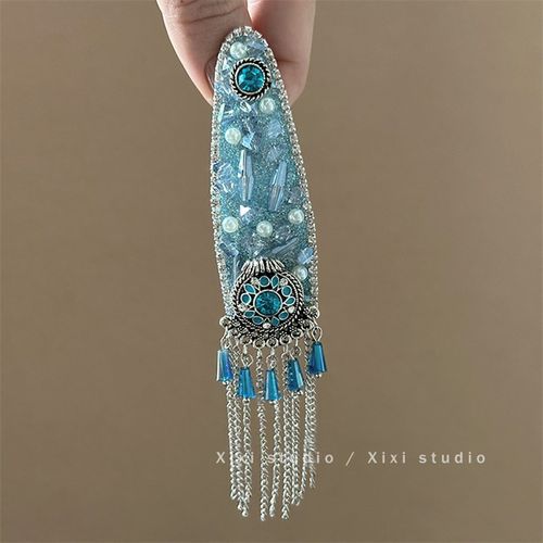 海岛来信!蓝色闪钻流苏发夹!高级感碎发夹新中式边夹盘发器头饰