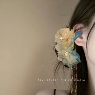 入画江南!黄色牡丹发夹!小清新烫花边夹汉服流苏头饰盘发器发饰