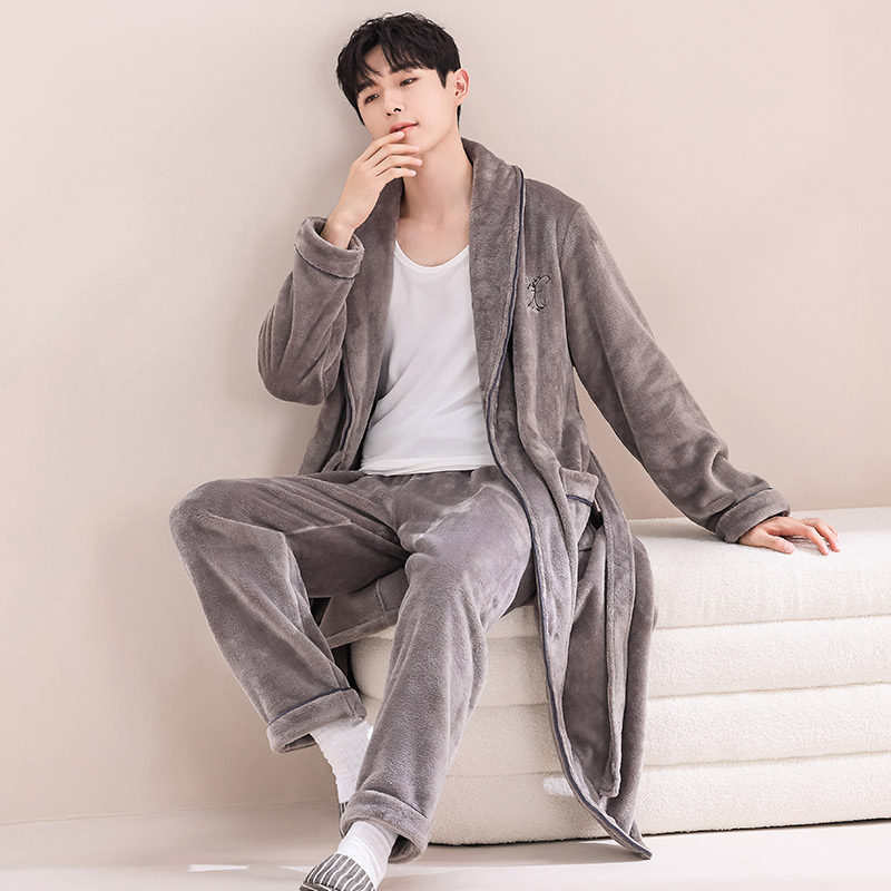 睡袍男士秋冬季加厚珊瑚绒睡衣加绒保暖浴衣男士浴袍加长款春秋款